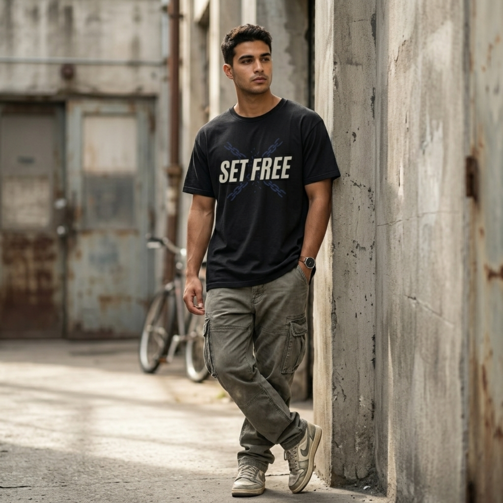 A Christian man wearing a Vintage Black Christian streetwear shirt with freedom message 'Set Free'. Faith based graphic tee inspired by John 8:36 Bible verse. Modern faith based shirt symbolizing freedom through Christ. Perfect for church and everyday wear. Mens Christian apparel. Made by Eternal Thread Apparel, a Christian apparel brand. Available in two other colors.