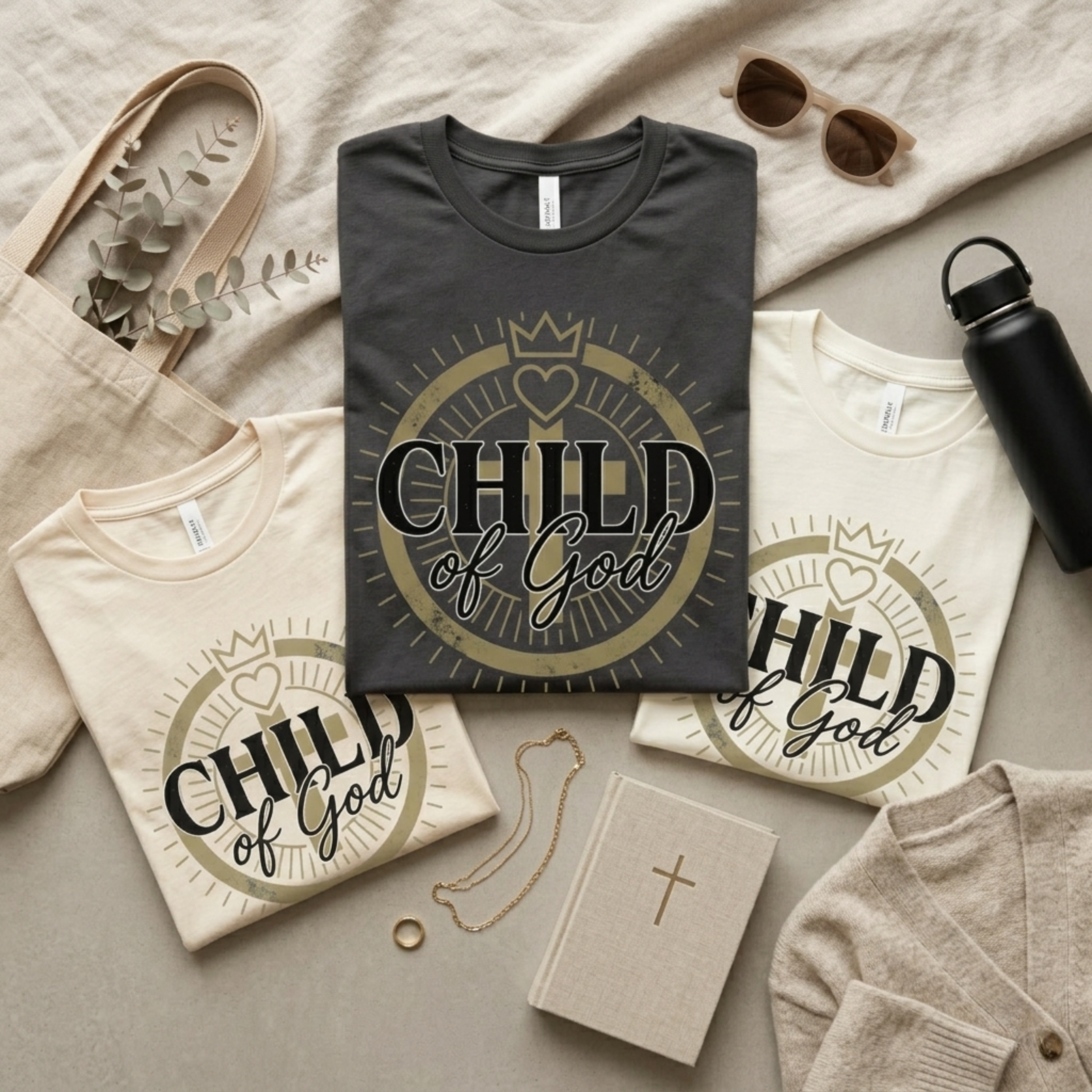 Three Christian T-shirts with 'Child of God' design on a neutral background with accessories. Available colors are Asphalt Gray, Vintage White, and Soft Cream. Shirts made by Eternal Thread Apparel.