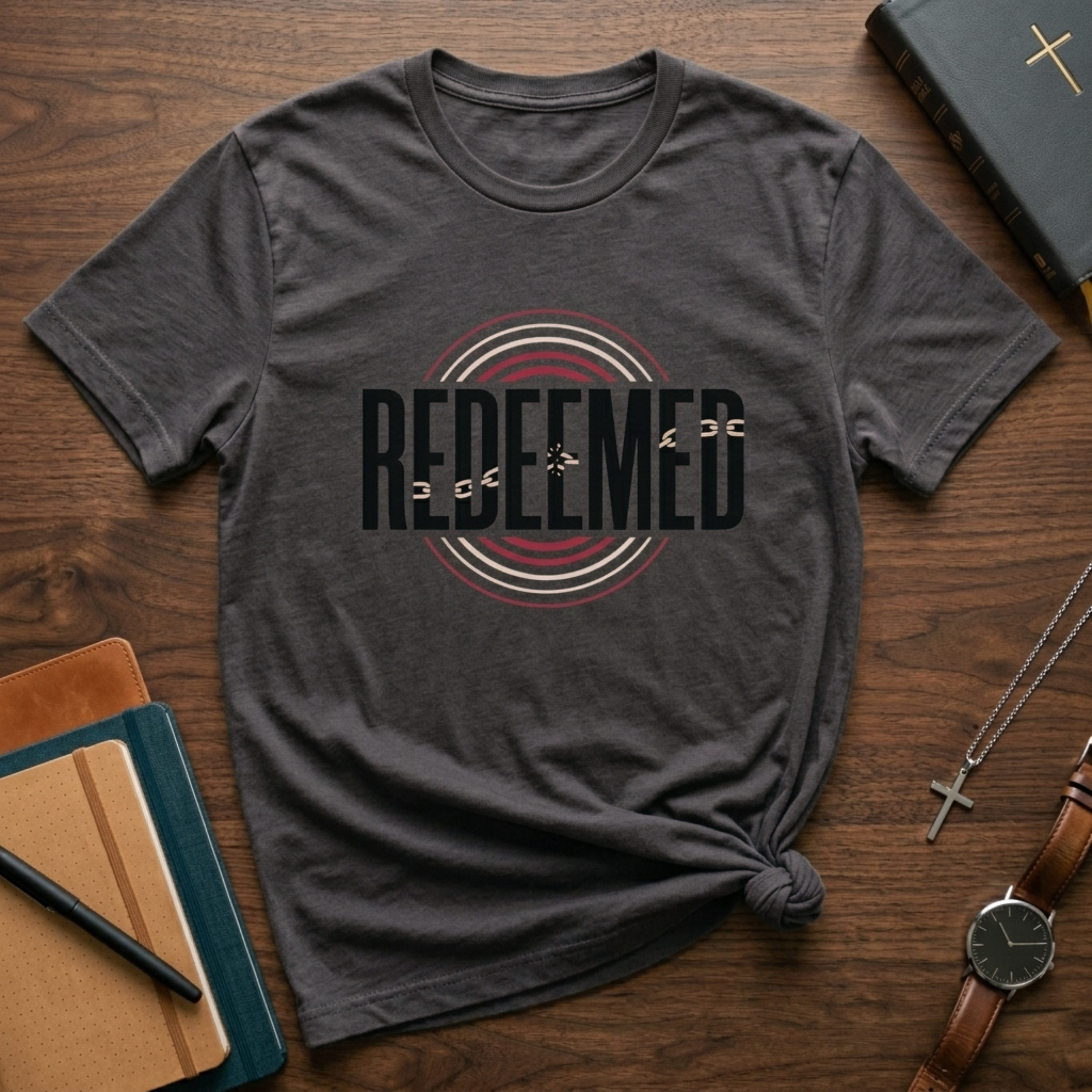 Christian “Redeemed” graphic t-shirt in Asphalt Gray, featuring bold typography with broken chain symbolism and circular red and white accent design.