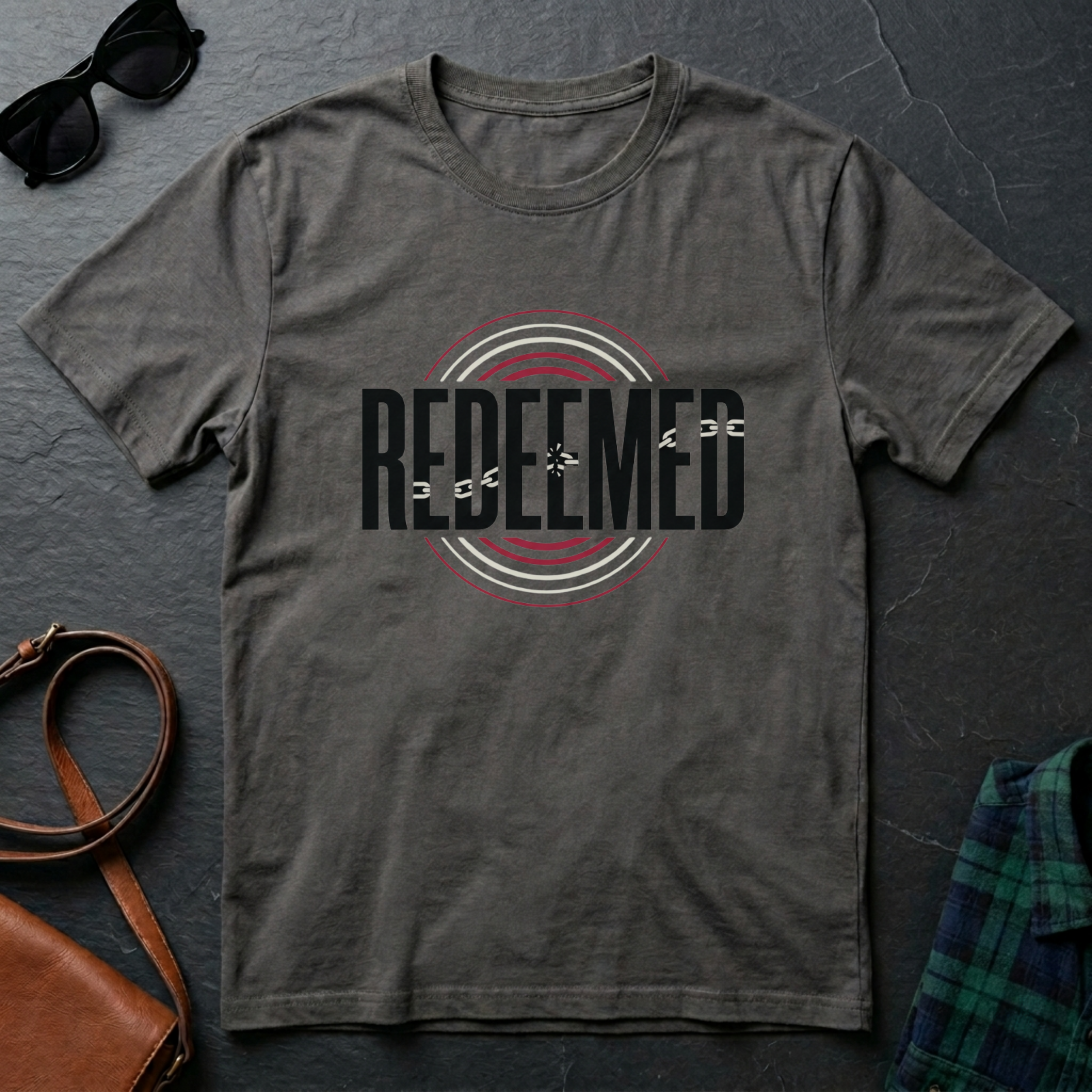 Christian “Redeemed” graphic t-shirt in Comfort Colors Pepper, featuring bold typography with broken chain symbolism and circular red and white accent design.