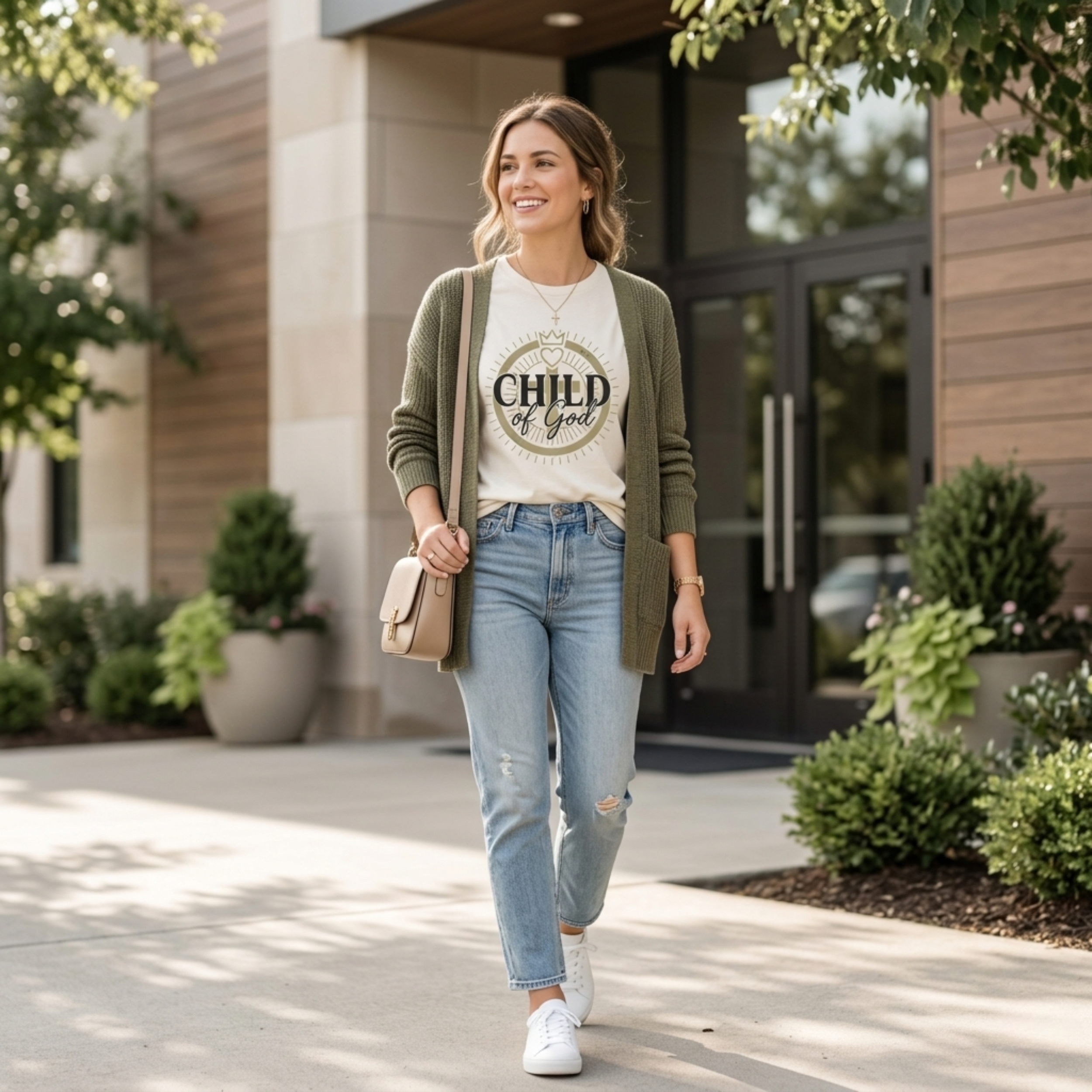 A young Christian woman wearing a Vintage White Bella + Canvas 3001 Modern Christian t-shirt featuring a “Child of God” faith-based graphic design with crown, heart, and cross elements in a minimalist vintage style. Christian apparel outfit idea.