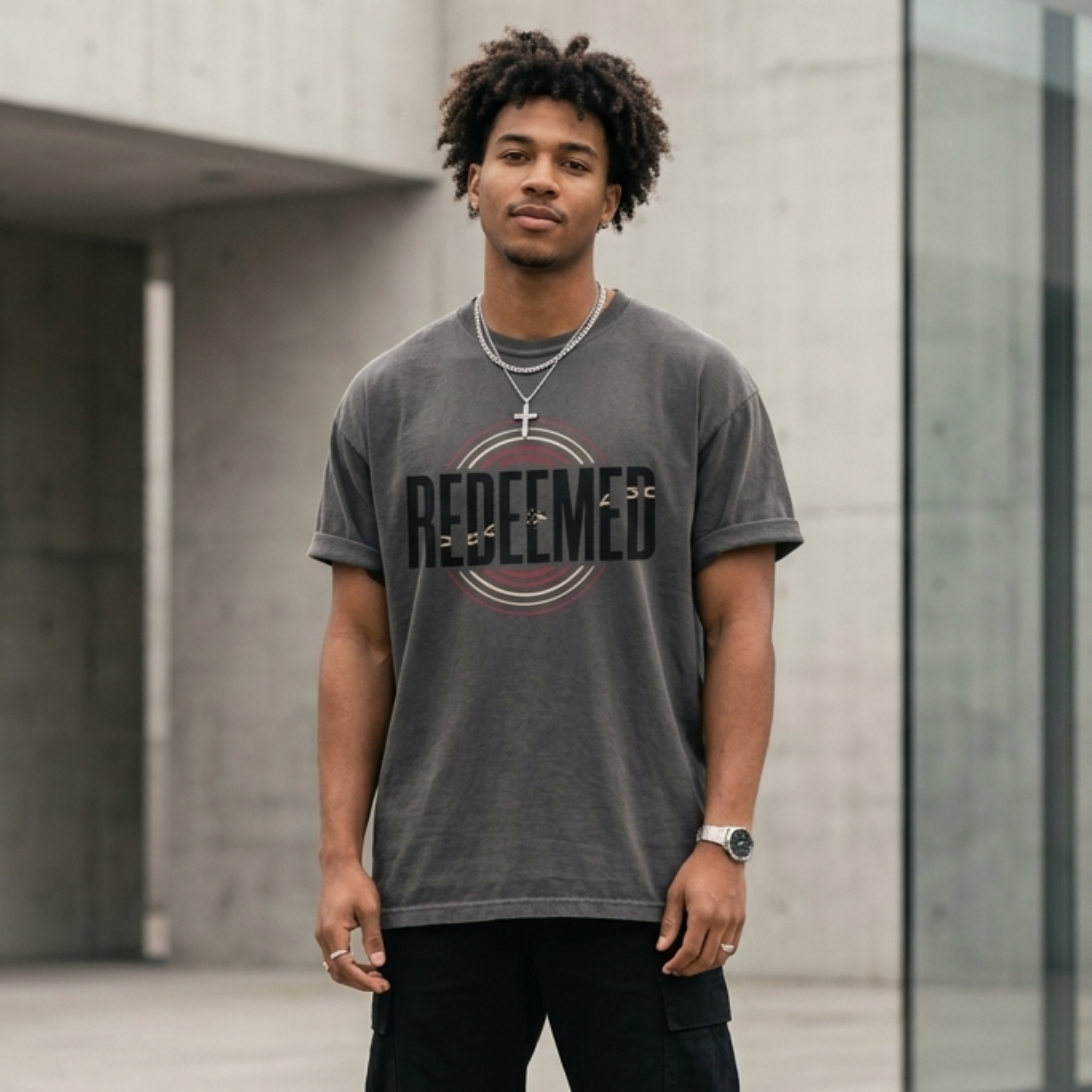 A man wearing a Christian Streetwear apparel “Redeemed” graphic t-shirt in Asphalt Gray, featuring bold typography with broken chain symbolism and circular red and white accent design.