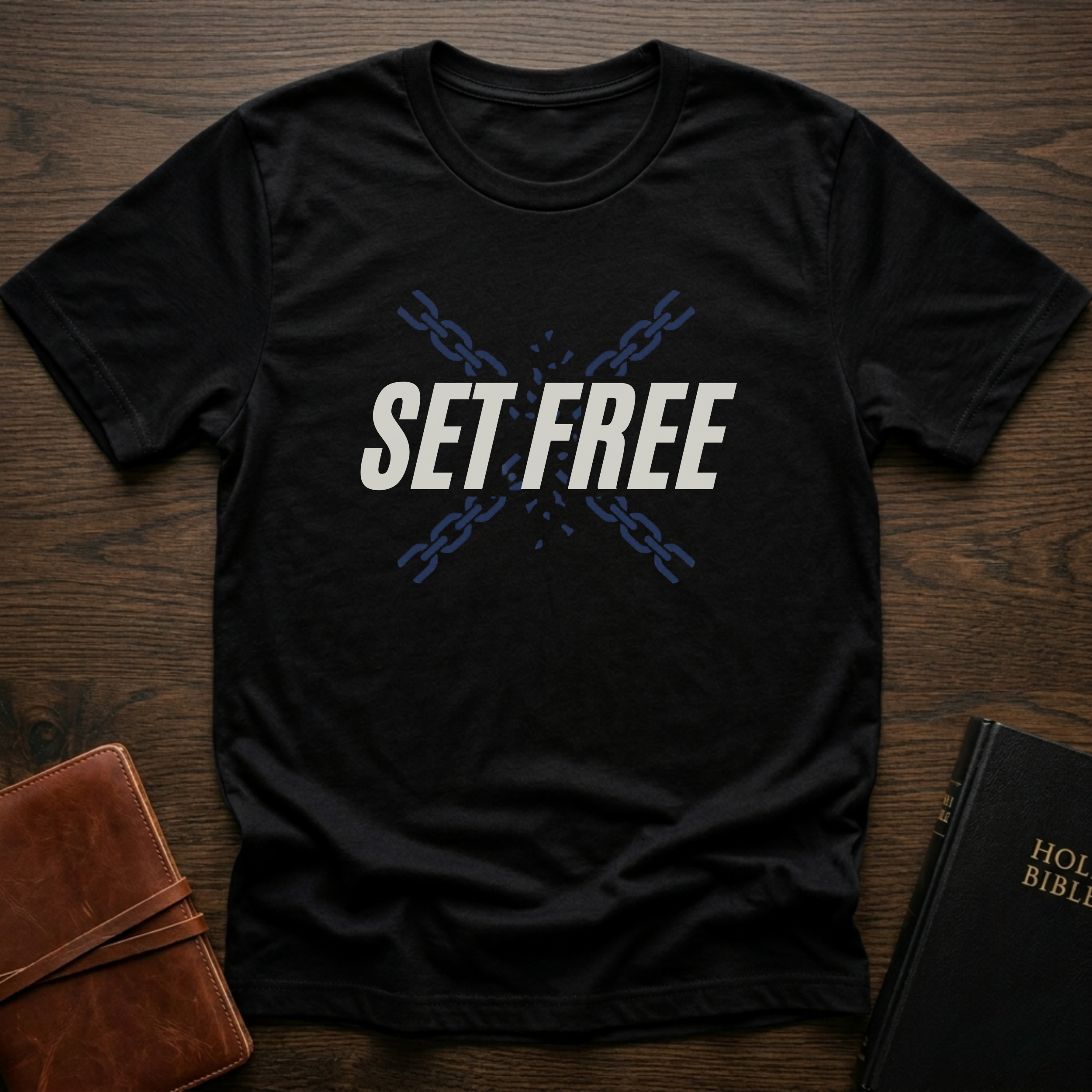A Black Christian streetwear shirt with freedom message 'Set Free'. Faith based graphic tee inspired by John 8:36 Bible verse. Modern faith based shirt symbolizing freedom through Christ. Perfect for church and everyday wear. Made by Eternal Thread Apparel, a Christian apparel brand. Available in one other color.