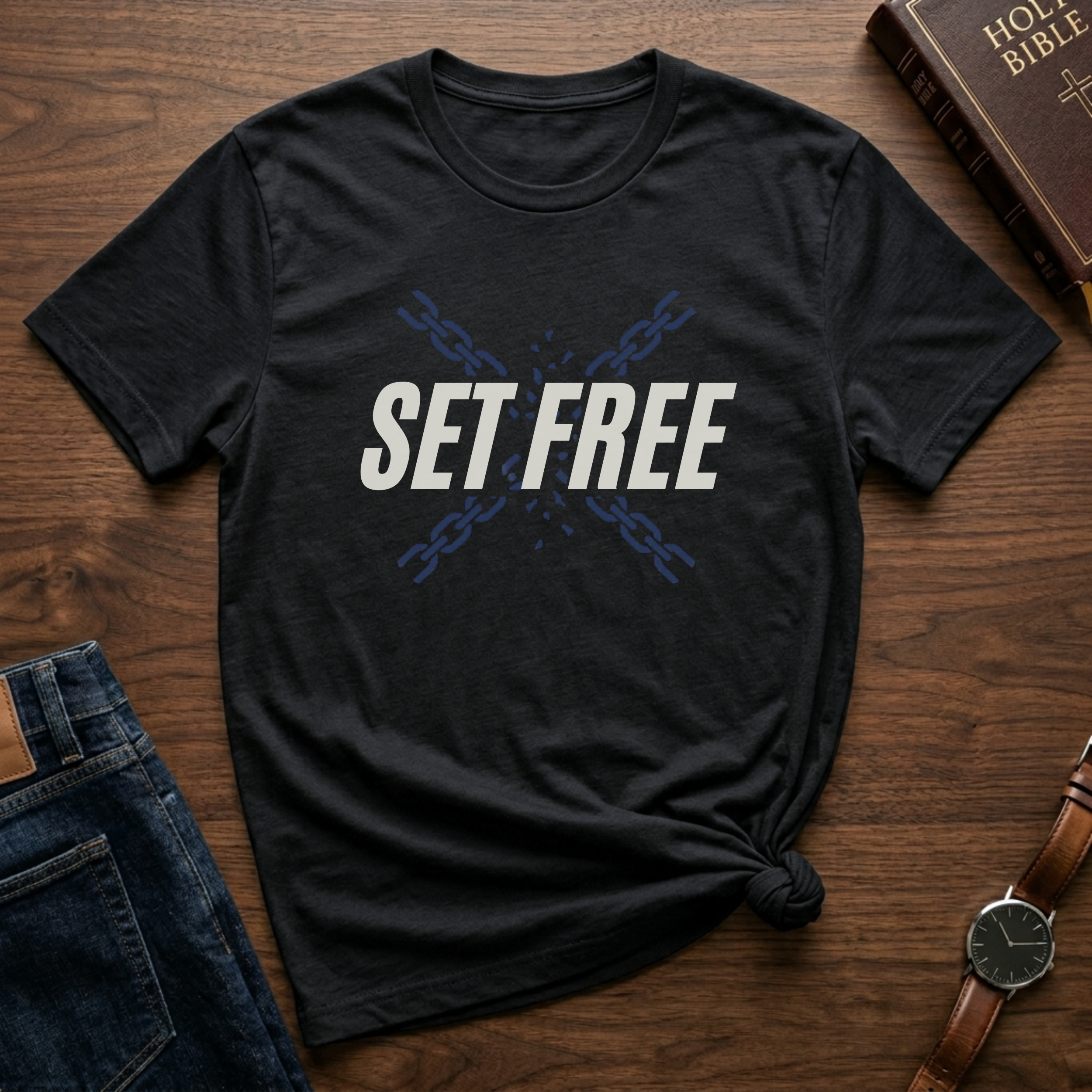 A Vintage Black Christian streetwear shirt with freedom message 'Set Free'. Faith based graphic tee inspired by John 8:36 Bible verse. Modern faith based shirt symbolizing freedom through Christ. Perfect for church and everyday wear. Made by Eternal Thread Apparel, a Christian apparel brand. Available in one other color.