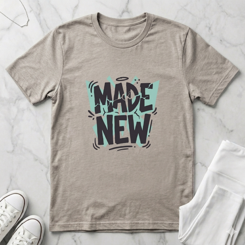 Heather Dust Bella + Canvas 3001 Christian graphic t-shirt featuring bold “Made New” typography with modern hand-drawn accents and teal geometric background elements. 'Made new' shirt, Christian graphic tee, Christian shirt women, faith based apparel, Christian boutique clothing. Shirt made by Eternal Thread Apparel.