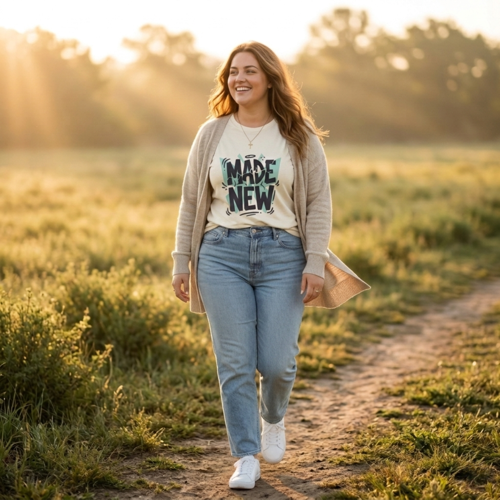 A young Christian woman wearing a Vintage White Bella + Canvas 3001 Modern Christian t-shirt featuring a “Made New” faith-based graphic design. Christian apparel outfit idea. 'Made new' shirt, Christian graphic tee, Christian shirt women, faith based apparel, Christian boutique clothing. Shirt made by Eternal Thread Apparel.