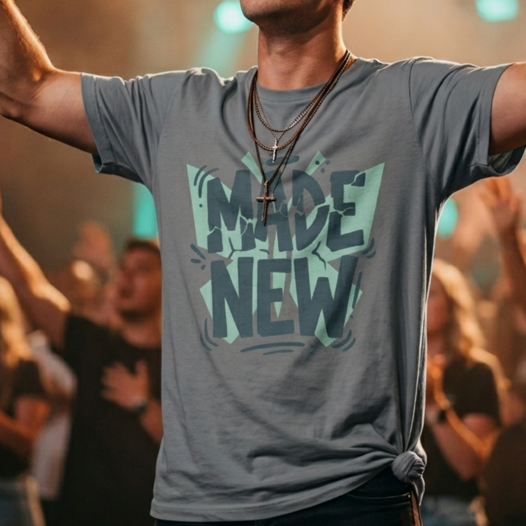 Young man wearing a Storm Gray t-shirt with 'MADE NEW' text at a worship service. 'Made new' shirt, Christian graphic tee, Christian shirt men, faith based apparel, Christian boutique clothing. Shirts made by Eternal Thread Apparel, a Christian apparel store.