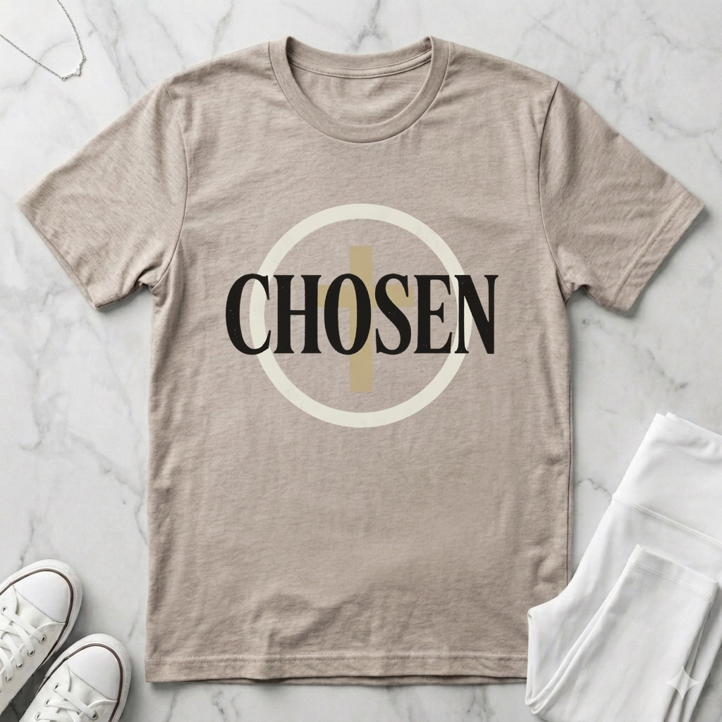 Minimalist Christian “Chosen” graphic t-shirt in Heather Dust beige featuring bold black typography with a modern cross-inspired circular design.