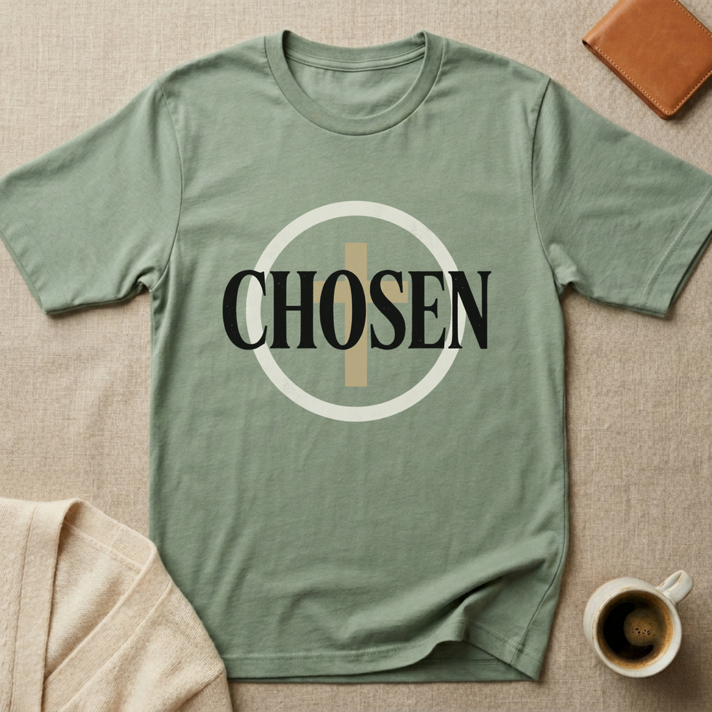 Minimalist Christian “Chosen” graphic t-shirt in Sage green featuring bold black typography with a modern cross-inspired circular design.