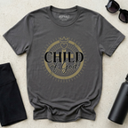Asphalt gray Bella + Canvas 3001 Modern Christian t-shirt featuring a “Child of God” faith-based graphic design with crown, heart, and cross elements in a minimalist vintage style.