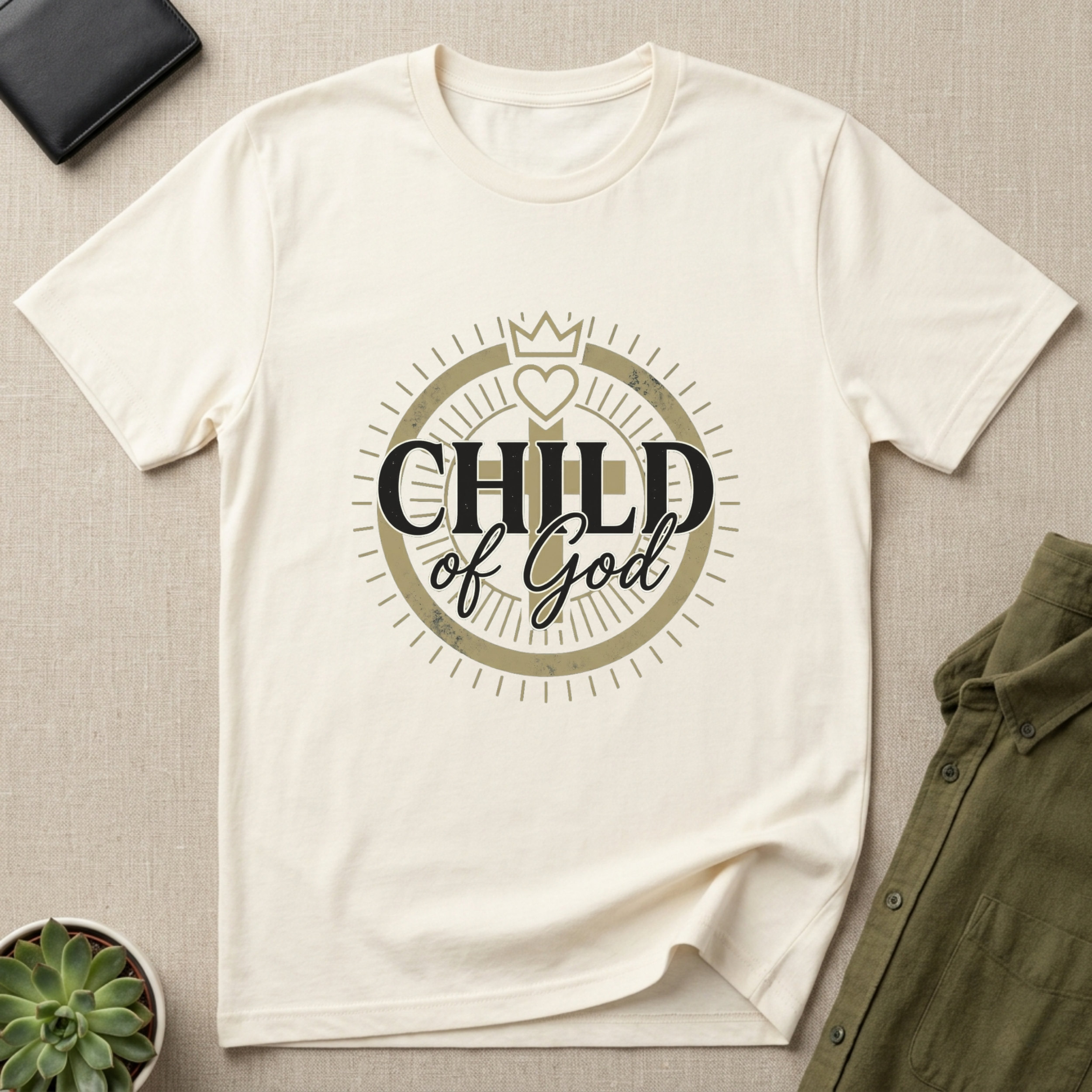 Vintage White Bella + Canvas 3001 Modern Christian t-shirt featuring a “Child of God” faith-based graphic design with crown, heart, and cross elements in a minimalist vintage style.