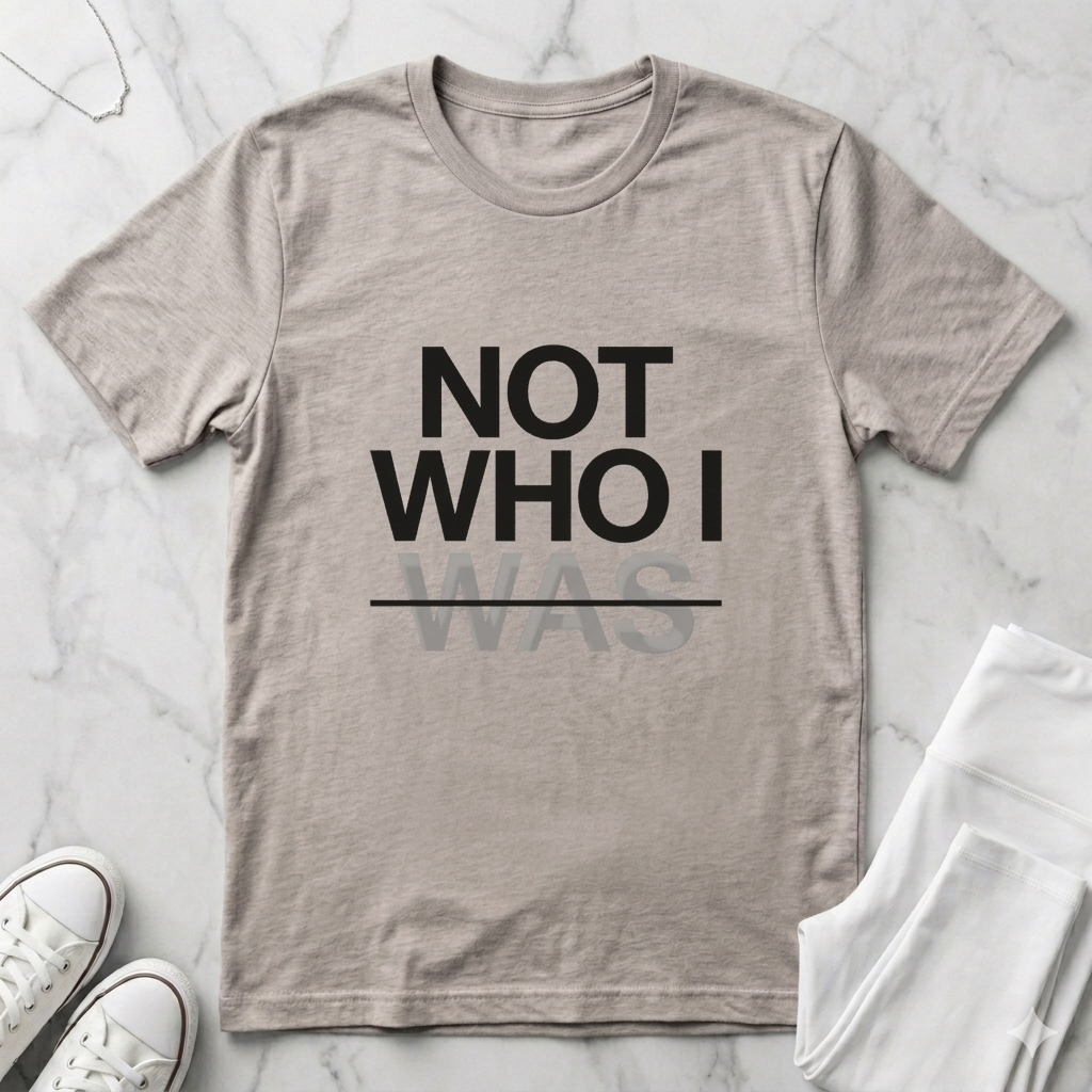 Minimalist Christian t-shirt with “Not Who I Was” redemption message in Heather Dust. Modern Christian streetwear t-shirt with testimony inspired message, made by Eternal Thread Apparel, a Christian apparel store.