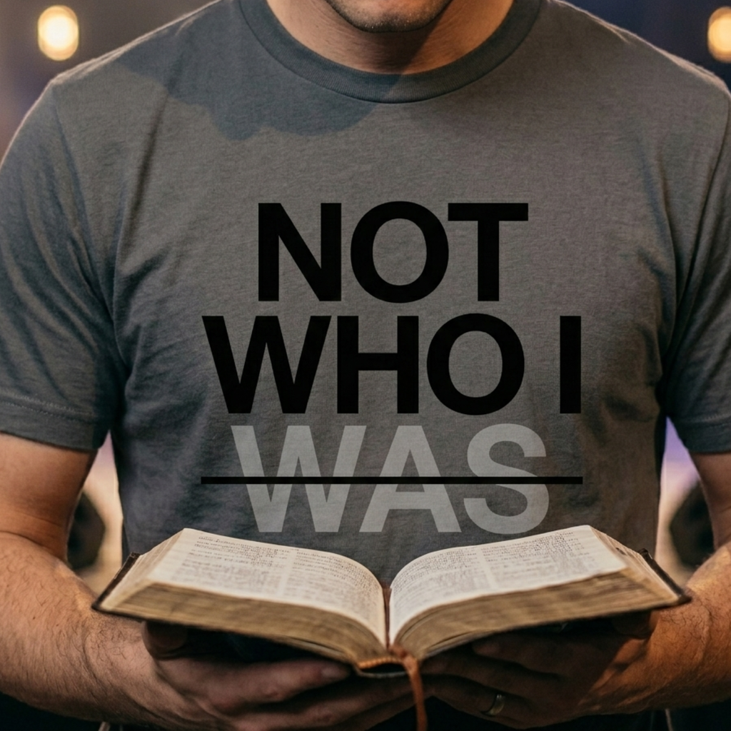 A Christian man wearing a t-shirt with 'NOT WHO I WAS' text, holding an open Bible during a church worship service. Modern Christian streetwear t-shirt with testimony inspired message, made by Eternal Thread Apparel, a Christian apparel store.