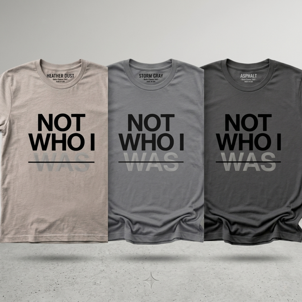 Three t-shirts with 'NOT WHO I WAS' text on a gray background. Modern Christian streetwear t-shirt with testimony inspired message, made by Eternal Thread Apparel, a Christian apparel store. Premium Christian apparel, Minimalist Christian t-shirt. Shirt made by Eternal Thread Apparel, a Christian apparel brand.