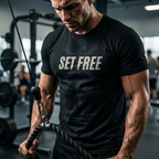 A man at the gym wearing a Black Christian t-shirt with freedom message 'Set Free' and chains breaking. Faith based mens graphic tee inspired by John 8:36 Bible verse. Modern faith based shirt symbolizing freedom through Christ. Perfect for church and everyday wear. Christian men apparel. Christian men shirt. Made by Eternal Thread Apparel, a Christian apparel brand. Available in two other colors.