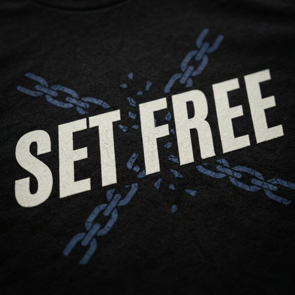 Zoomed in detail shot of the 'SET FREE' Christian t-shirt with chain designs, on a Black shirt. Sold by Eternal Thread Apparel, available in Black and two other colors.