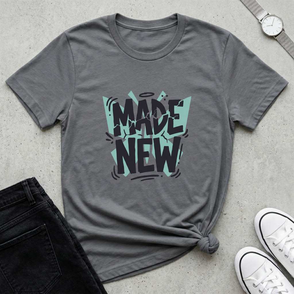 Storm Gray Bella + Canvas 3001 Christian graphic t-shirt featuring bold “Made New” typography with modern hand-drawn accents and teal geometric background elements. 'Made new' shirt, Christian graphic tee, Christian shirt women, faith based apparel, Christian boutique clothing. Shirt made by Eternal Thread Apparel.