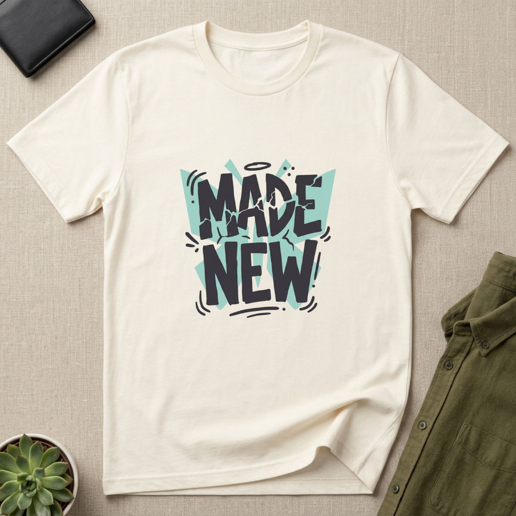 Vintage White Bella + Canvas 3001 Christian graphic t-shirt featuring bold “Made New” typography with modern hand-drawn accents and teal geometric background elements. 'Made new' shirt, Christian graphic tee, Christian shirt women, faith based apparel, Christian boutique clothing. Shirt made by Eternal Thread Apparel.