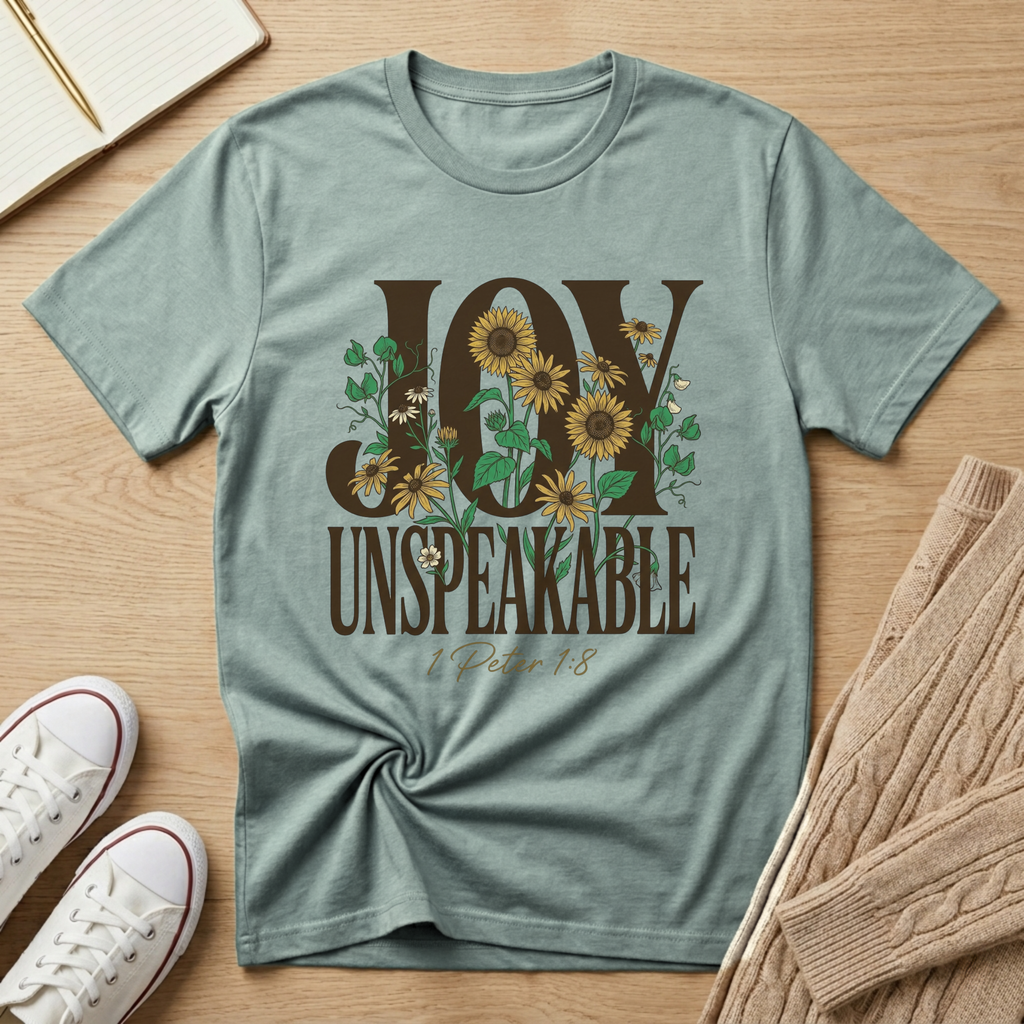 Christian sunflower shirt displaying Joy Unspeakable and 1 Peter 1:8 scripture on Bella Canvas 3001 Dusty Blue faith-based apparel.