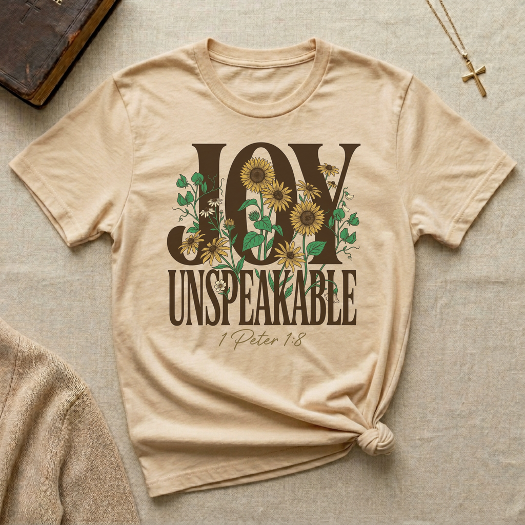 Christian sunflower shirt displaying Joy Unspeakable and 1 Peter 1:8 scripture on Bella Canvas 3001 Soft Cream faith-based apparel.