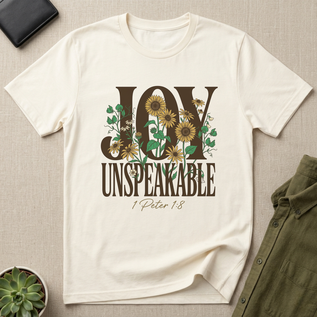 Christian sunflower shirt displaying Joy Unspeakable and 1 Peter 1:8 scripture on Bella Canvas 3001 Vintage White faith-based apparel.