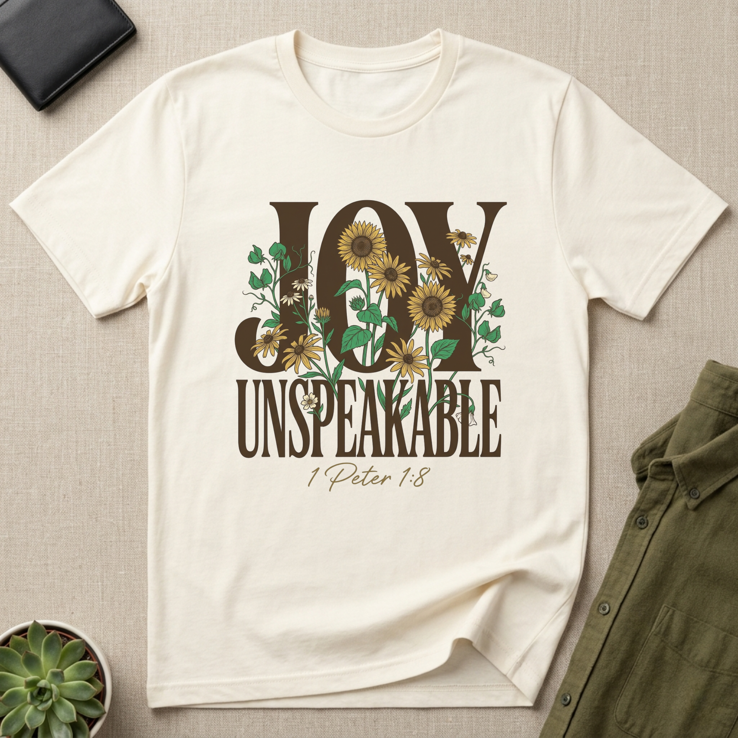 Christian sunflower shirt displaying Joy Unspeakable and 1 Peter 1:8 scripture on Bella Canvas 3001 Vintage White faith-based apparel.