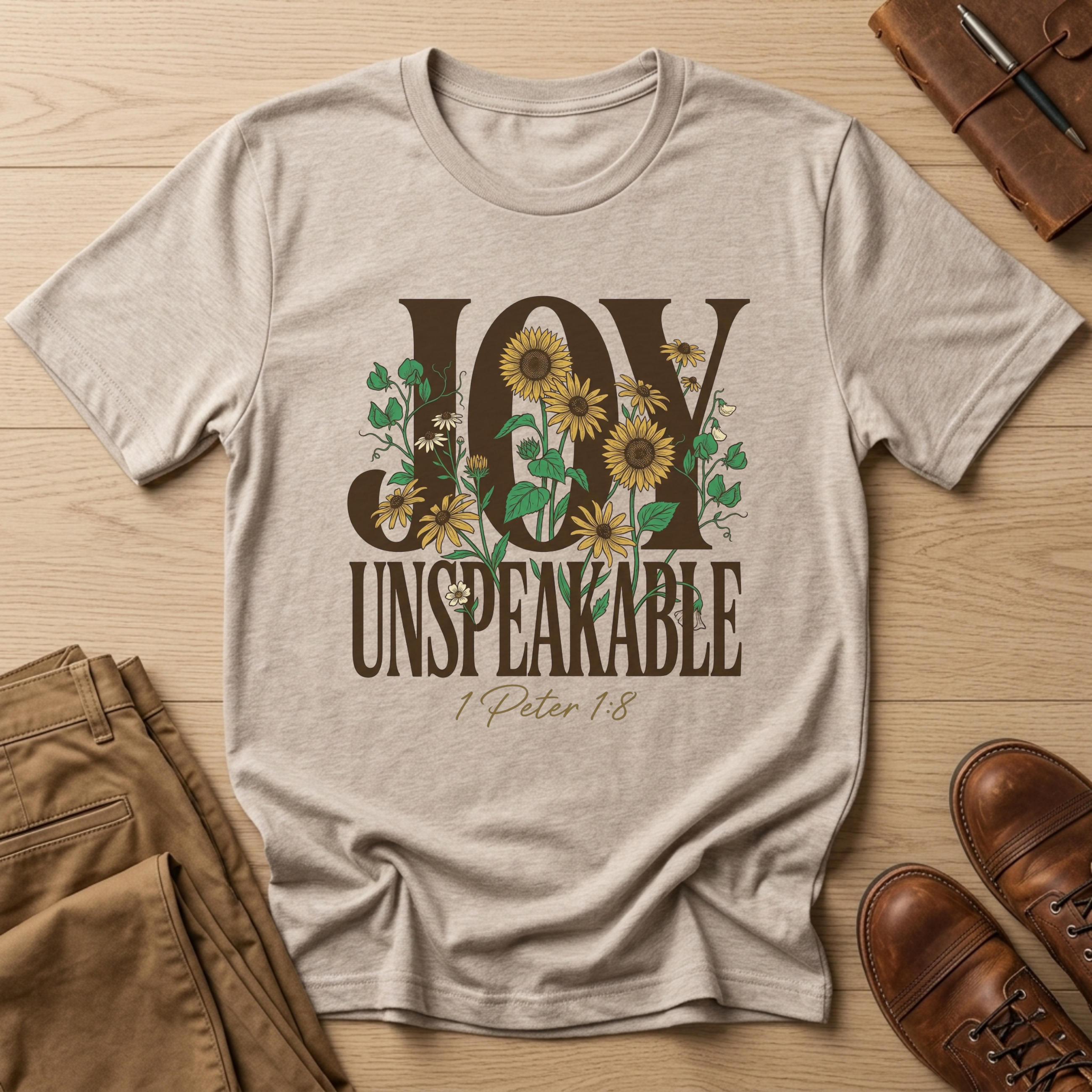 Christian sunflower shirt displaying Joy Unspeakable and 1 Peter 1:8 scripture on Bella Canvas 3001 Heather Dust faith-based apparel.
